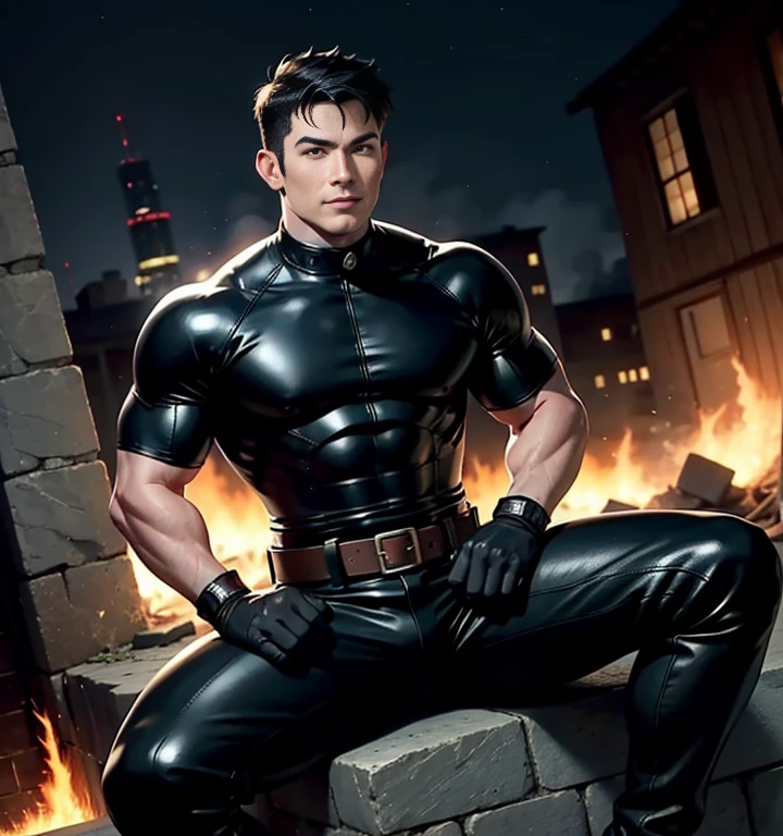 20-year-old boy, Korean male officer, handsome ,Wear a dark navy short-sleeved shirt., Dark navy trousers, Black boots and dark navy gloves, sit on the ground, His legs spread apart., Police Logo, tight breasts, Muscle Man, ((The arm muscles are very large.)), large , Wide shoulders, open legs, Hold the bulge firmly with both hands., Large long bulge pointing upwards., Sexually suggestive, (Dynamic Poses:1.1), thights, (Embossed Focus:1.2), On your knees., It's raining, Mud Pond, Best qualtiy, Wide lens, deep depth of field, Bokeh background, bulgej8