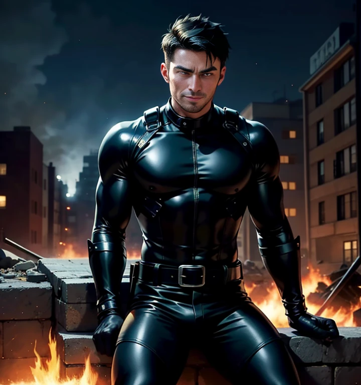 37 years old,One Man,black bodysuit、black leather pants、Shocker Belt、Combatant、Night Battlefield Town､Surrounding Area Is Burning。Strong and handsome man sitting on the rubble。logic,Gay ,pants sits on the landing with their legs open is bulging、Ageless､Strong, well-trained and handsome man。hold a handgun、 as seen from below､front､hair cut short､kind smile､black gloves