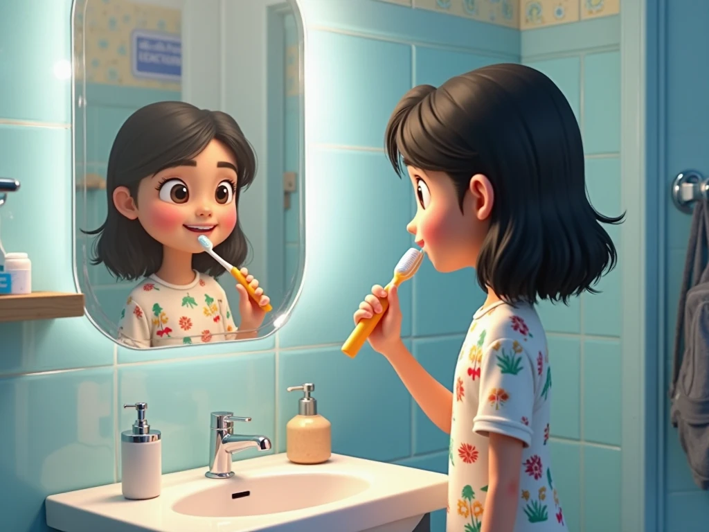 Generates a Disney Pixar type image of a thin white girl with black hair brushing her teeth