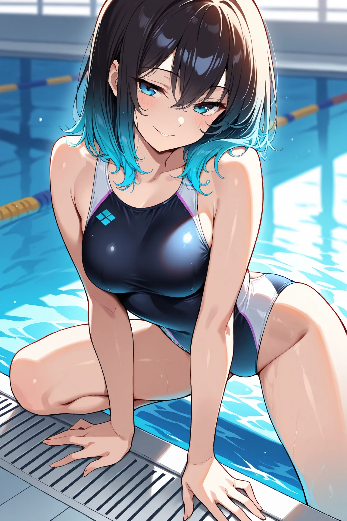 (masterpiece:1.4、top-quality、illustration:1.4,realistic、)、(character focus、breast focus,upper body:1.3)、(1girl),(Open mouth happy grin:1.3),(half closed eyes),cute face,blue eyes、()、
,(stand:1.4),(Shining smile),
,(slender),(turtleneck holder black cute swimsuit:1.3),(long blue hair:1.6,forehead:1.3), (small breasts:1.3)、
、slender、pool,、