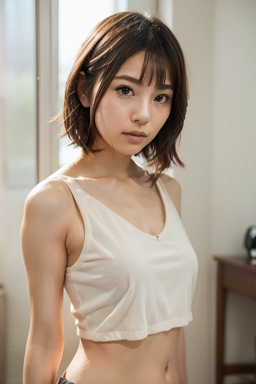 (Ultra HD、Ultra-high resolution、8K、Japanese Housewife、In the kitchen)、Attention in the armpits、((Look Viewer:1.8))、(Extremely realistic skin texture:1.4)、(Realistic:1.3)、short hair、(smile:0.5)、(blonde:1.4)、40-year-old woman、Ponytail Hairstyles、(Lift one arm and show your armpit:1.3)、(Face close-up:1.32)、(Sweat:1.4)、good、camisole
