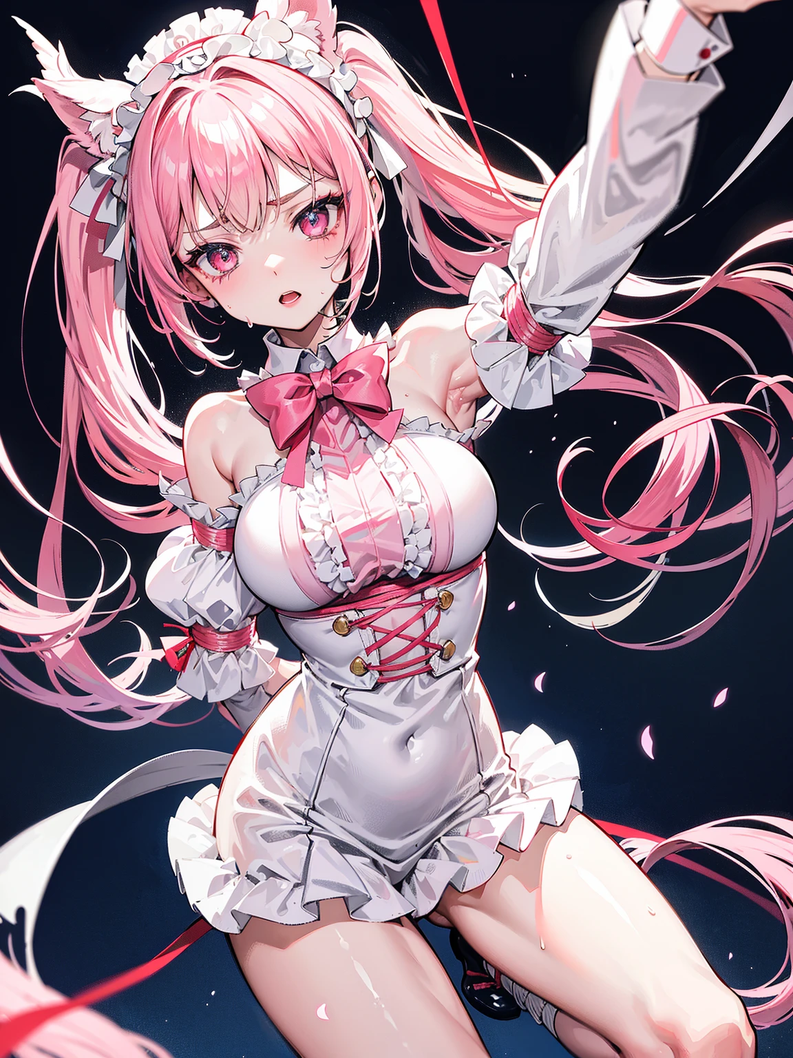 Highest quality、Shiny silk short sleeve puff sleeve pink maid outfit、See-through、Very short skirt、A ribbon with a very large bell、Round collar、A short white ruffled apron、White garter belt with ribbon、Pink high heels with ribbon、Large headband with ribbon、Flushed Cheeks、Embarrassed look、Heavy breathing、White underwear、Soaking wet、storm、Stretching oneself、The whole body is visible from head to toe