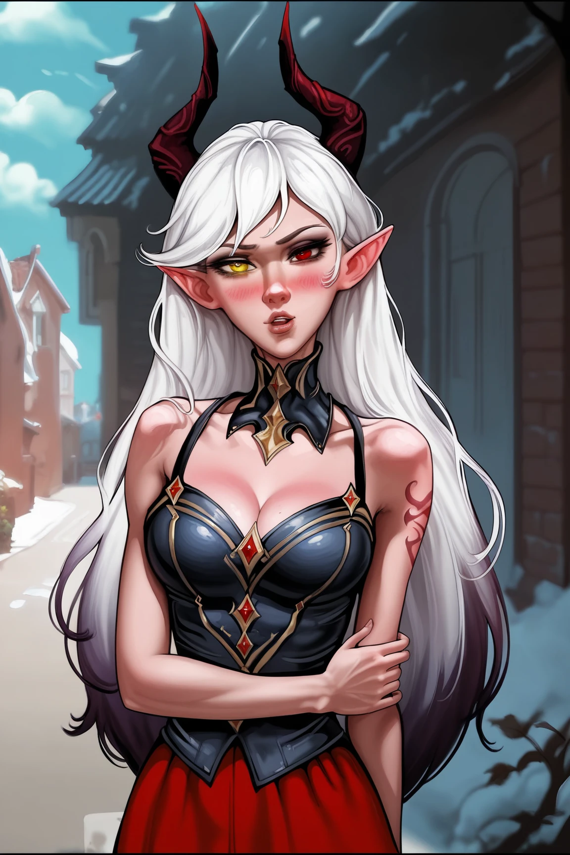 Vampire、Nobleman's Mansion、Super luxury room、Elegant furnishings、Starry Sky、Late Night、Glowing red eyes、Vampireの牙が見える、Full Color、Big Breasts、Black suit、Red Cape
