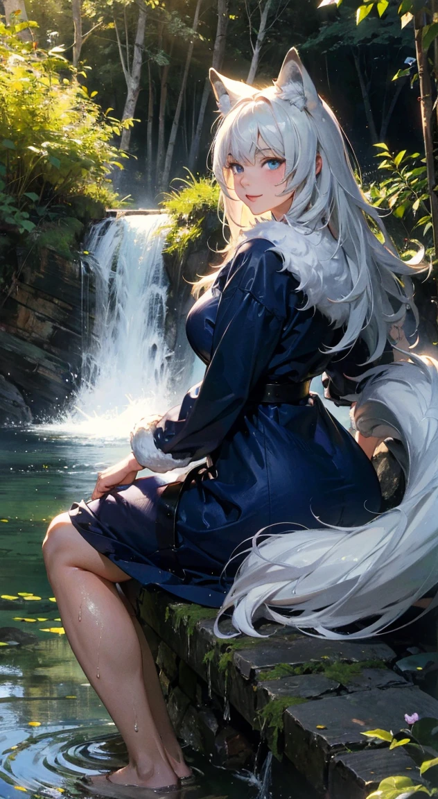 shenhe_\(genshin_impact\), hiten kei style, claude monet, oil painting, masterpiece, hyper realistic, realistic skin, best quality, 1girl, lakeside, huge breasts, huge nipples, erect nipples, looking at another, topless, full body, vector illustration, nipples, light smile, blunt bangs, long hair, stomach, navel, bare shoulders, white hair, braided, wet, soaked, raining, sarong, loincloth, black pantyhose, red tassel, magnolia leaves, autumn, meditating, meditating under the waterfalls, enchanted, waterfalls, falling leaves, talismans, wet body, pouring rain, closed eyes, open mouth, relaxing