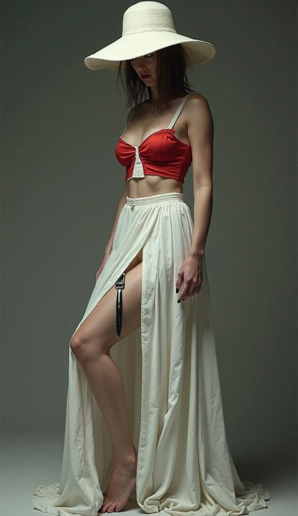 shibari, hands behind your back:1.4), (hands behind), Beautiful Girl, Taylor Swift, Red lips, Platinum hair, normal body shape, big breasts, crop top, Tight shorts, Tie, tied with red wire, red wire, Neck binding, Tie your hands, Tie your feet, ropes tied around the body, Strings tied together, Interlacing bonds, Multiple wires, forms the overall vision that surrounds the body, View of the abandoned medieval castle,