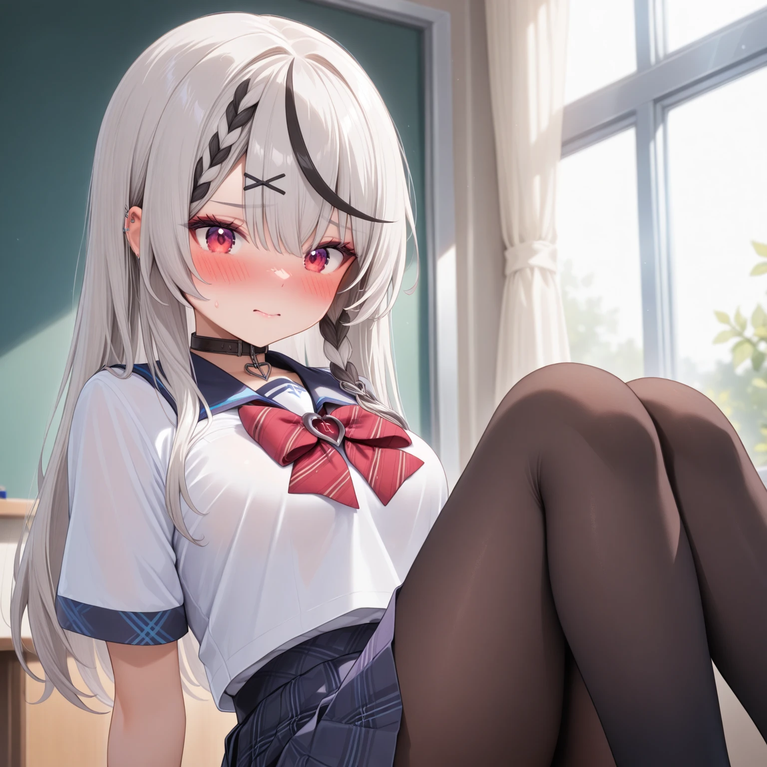 illyasvielvoneinzbern, illyasviel von einzbern, blonde hair, hair between eyes, long hair, (red eyes:1.5),
BREAK beret, black skirt, brown footwear, collared shirt, hat, homurahara academy , kneehighs, loafers, pleated skirt, puffy short sleeves, puffy sleeves, red ribbon, ribbon, , shirt, shoes, short sleeves, skirt, socks, white headwear, (white shirt:1.5), white socks,
BREAK indoors, classroom,
BREAK looking at viewer, (cowboy shot:1.5),
BREAK (masterpiece:1.2), best quality, high resolution, unity 8k wallpaper, (illustration:0.8), (beautiful detailed eyes:1.6), extremely detailed face, perfect lighting, extremely detailed CG, (perfect hands, perfect anatomy), little, (white panties:1.5), groin, perineum, thighhighs, (spread legs, knee up:1.5), blush, smile, medium breasts, sitting, on bed, cowboy shot, my room