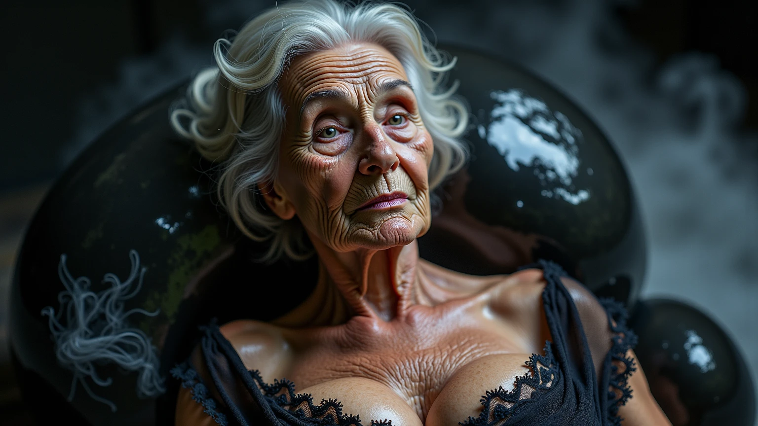 "An image that captures the expression of sadness and dejection on the face of an elderly woman. Convey the feeling that she carries the weight of many difficult experiences in life., showing the depth of your emotions." dressed only in a red erotic lingerie set, fishnet stockings, garter holder, a very hot string thong and bra. Her entire body remains fit despite the fact that her face reveals that she is a decrepit 120-year-old woman full of wrinkles and melancholy.. The camera observes from afar the decrepit and sensual depressed old woman.,. The thong is just a tiny thread dividing her vaginal lips., she is becoming more and more distressed on the verge of crying, Even smaller, her thong is literally a thread coming out of her vagina., It is a smaller micro thong, even an extreme thong, and even smaller, it is a nano thong., her wet and juicy vaginal lips divided by the thread of that nano thong, and the decrepit old lady in full cry, He gets on all fours pointing his fat ass at the camera