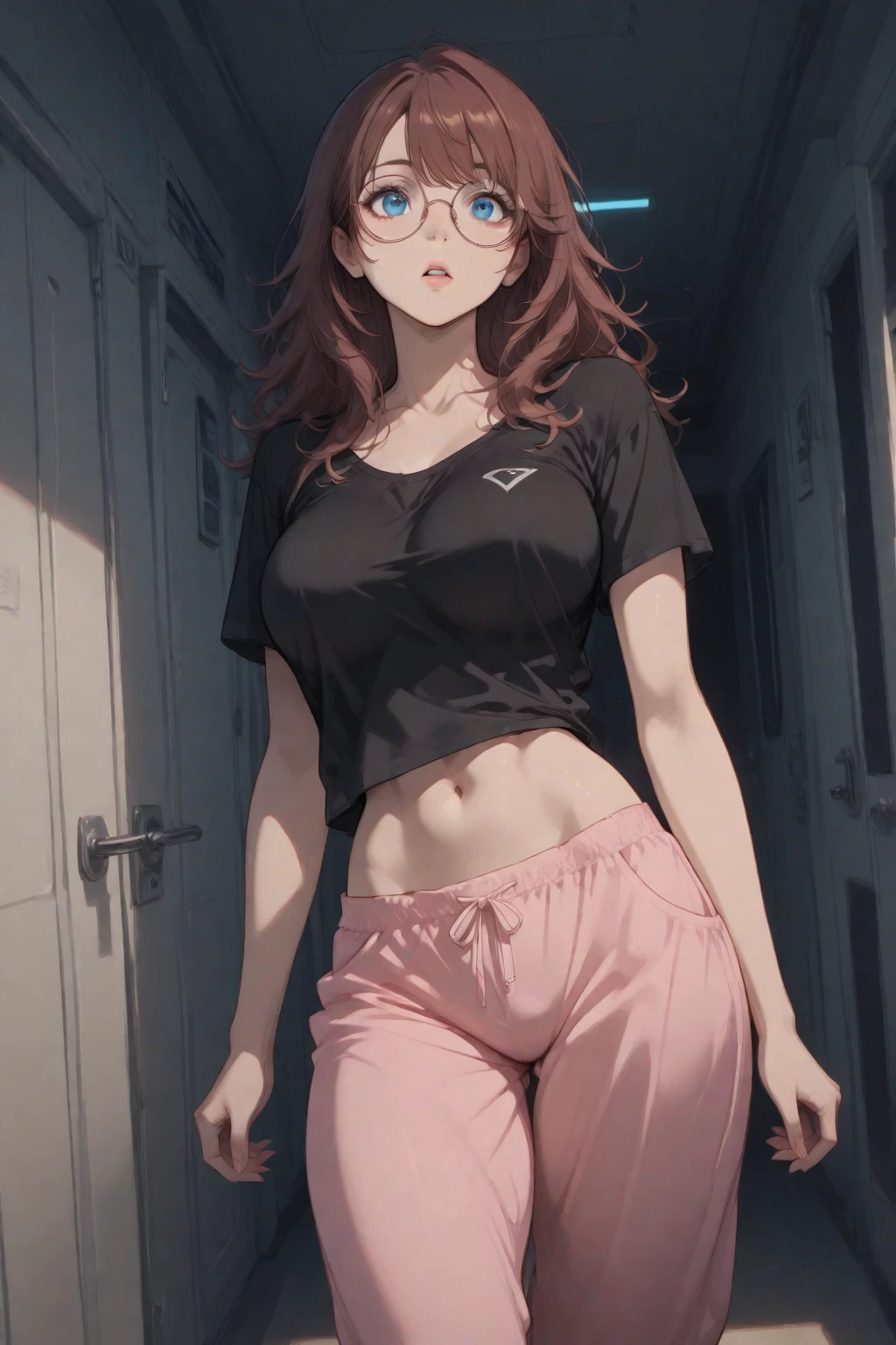 ((Blackpink rosé)), tiny white t-shirt, tiny blue pleated skirt, pink panties, black high heels, close-up from thighs to face, shot from below, very fair skin, very long hair, wavy hair, camping, Forest, photorealistic, Indirect lighting, volumetric light, ray tracing, hyper-detailed, best quality, very high resolution, HDR, 8k