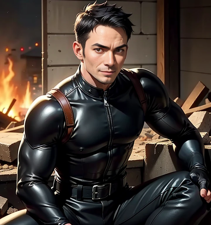 37 years old,One Man,black bodysuit、black leather pants、Shocker Belt、Combatant、The city of daytime battlefield､Surrounding Area Is Burning。Strong and handsome man sitting on the rubble。logic,Gay ,pants sits on the landing with their legs open is bulging、Ageless､Strong, well-trained and handsome man。hold a handgun、 as seen from below､front､hair cut short､kind smile､black gloves､Upper body close-up