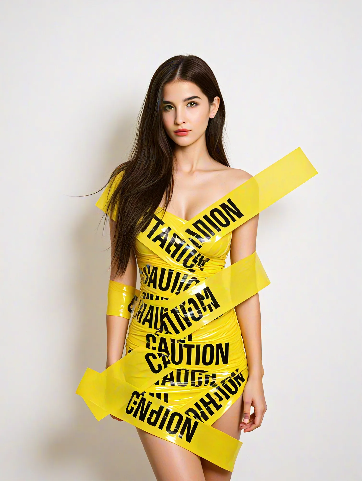 fashion photo of a woman wearing a white dress and a flower headpiece covered of tape, caution tape, keep out <lora:Tape_people:0.75>