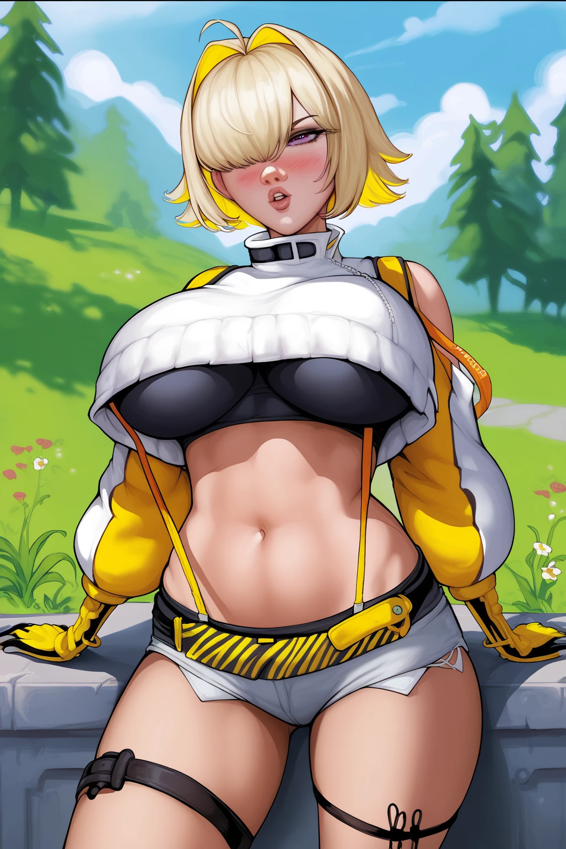 1 cyborg woman, bionic arms)),((giant breasts, bare breasts, naked pussy, erect breasts)),((her body merges with a tree, legs wide open in the shape of an m, with erect penis)), ((yellow hair, red eye)), a haunted forest, at night,