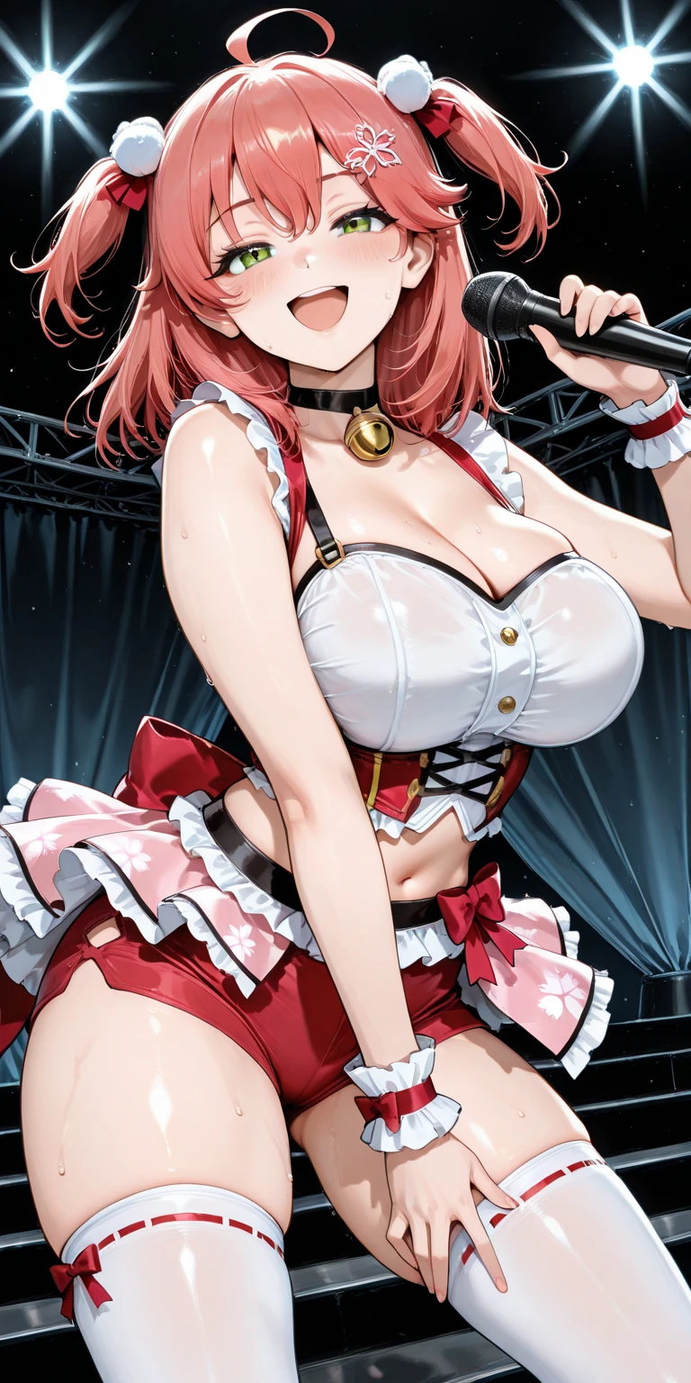 masutepiece、Best Quality、hight resolution、tre anatomically correct、((stage))、microphone、((live))、dance、white dres、Black ribbon at chest、a miniskirt、(Vibrant colors:1.2)、(masterpiece:2.0)、onepiece、Uta、blanche、left red hair、right gray hair、Not wearing pants、divine spirit、Flushed cheeks、a smile、Beautiful girl in every detail、Body shining with sweat、Wet、Seductive thighs、sexy pose、Hair above one eye、(frombelow:1.5)、Pussy、Female genitals、vaginal、Intravaginal、Expansion、You can see inside the skirt、((Female genital exposure))、Lit up、(pointy tits:1.6)