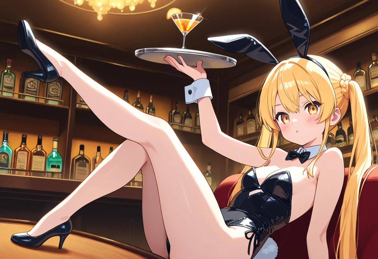 Masterpiece, Best quality, High Resolutions, Kitagawa Marine, 1girl, blonde hair, Long hair, multicolored hair, red eyes, jewelry, Earrings, piercing, large breasts, Rabbit ears, Playboy Bunny, casino, bare legs, Tray holding poker chip smile
