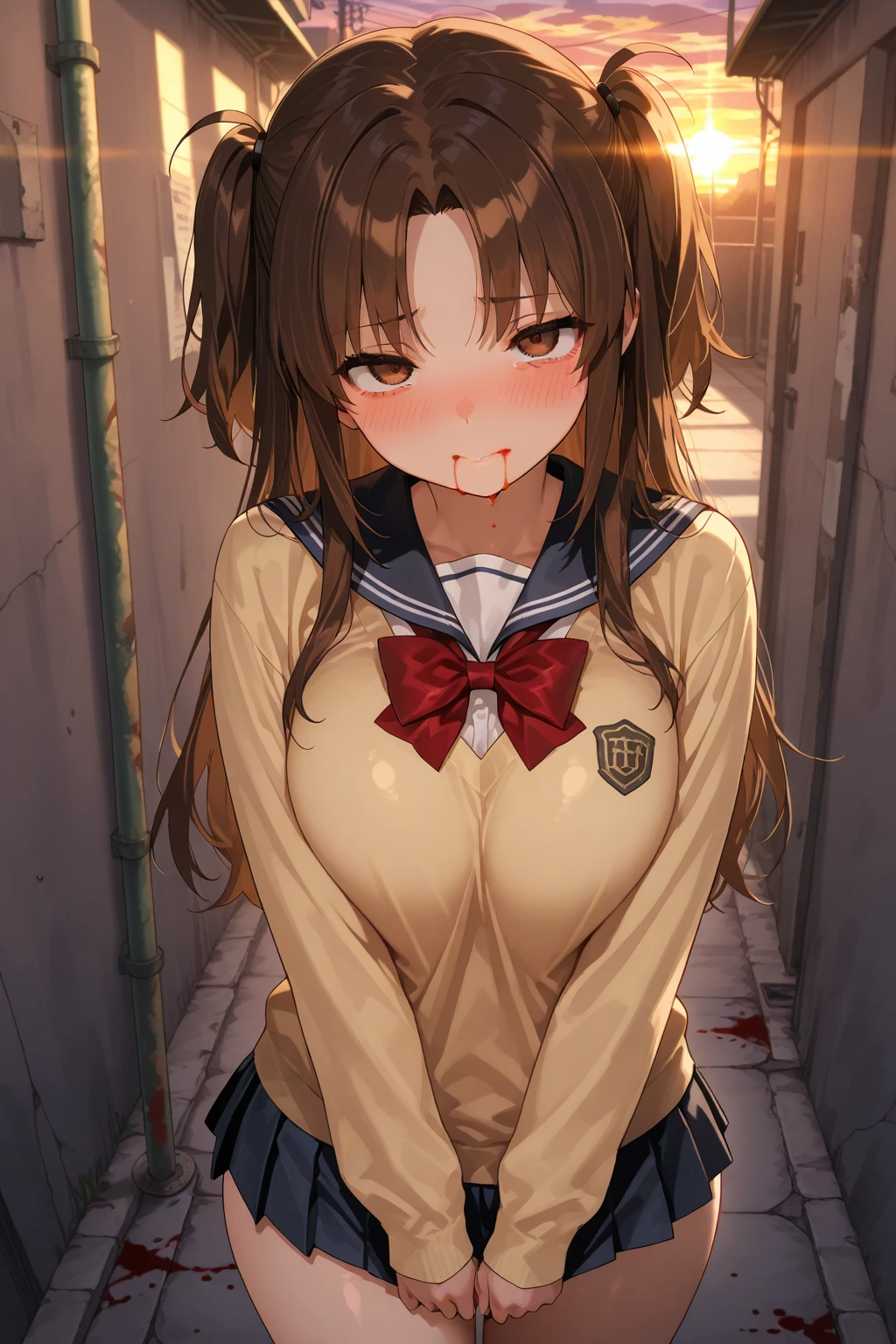 ((masterpiece,Highest quality:1.3,best quality illustration,realistic:1.3)),cowboy shot,独奏,1woman,(18-year-old、Japanese Beauty)、brown hair,long hair,bangs,brown eyes,gorgeous eyes,((very small head:1.3)),crying,Heavy breathing,((very long body:1.2,skinny)),medium breasts,(Red ribbon tie、White collared shirt、Long sleeve navy blue pleated mini skirt),Wet crotch、sweat,gleaming skin,toned body,slender body,(squattin)g,Abandoned house、at night、Tokyo、