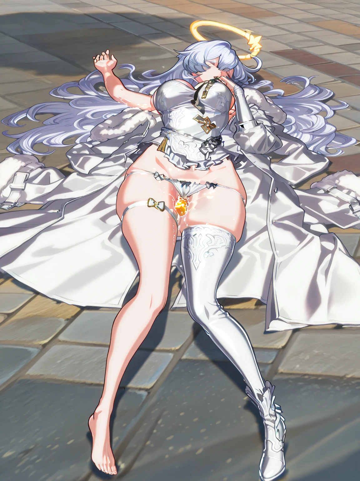 full body standing straight bareoot, long hair, triplets, holding hands on bed, sleeping together, superheroine micro bikini, SFW girl, CHEST COVER, super sexy. best quality, realistic photo, cowboy shot, bedroom background, bed, sheet, pillow (Lysithea von Ordelia) (yellow eyes) white hair, silver hair, very long hair, straight hair, solo, adult woman, tall, slightly muscular, large breasted, cleavage, constricted waist, toned body, slight abs, thin dark skin, pointy ears, lipstick, makeup, black eyeshadow, circlet, white short dress, jewelry, bracelet, white gloves