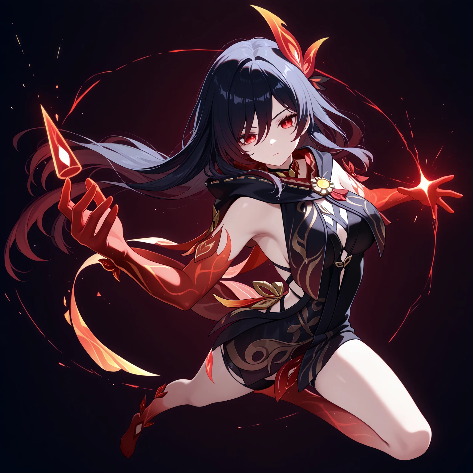 (Exquisite eyes),(Clear and beautiful eyes:1.61),masterpiece, 1 young girl,(Black clothes and some red gems), Black long hair, (She has a huge red gem on her chest), Good Hand,((The Havoc of StarCraft)),full-body shot,Fighting Stance,(Red Eyes:1.466)，short and small,(Very big breasts:1.35),(Pretty Face),(full-body shot:1.33),Beautiful hands