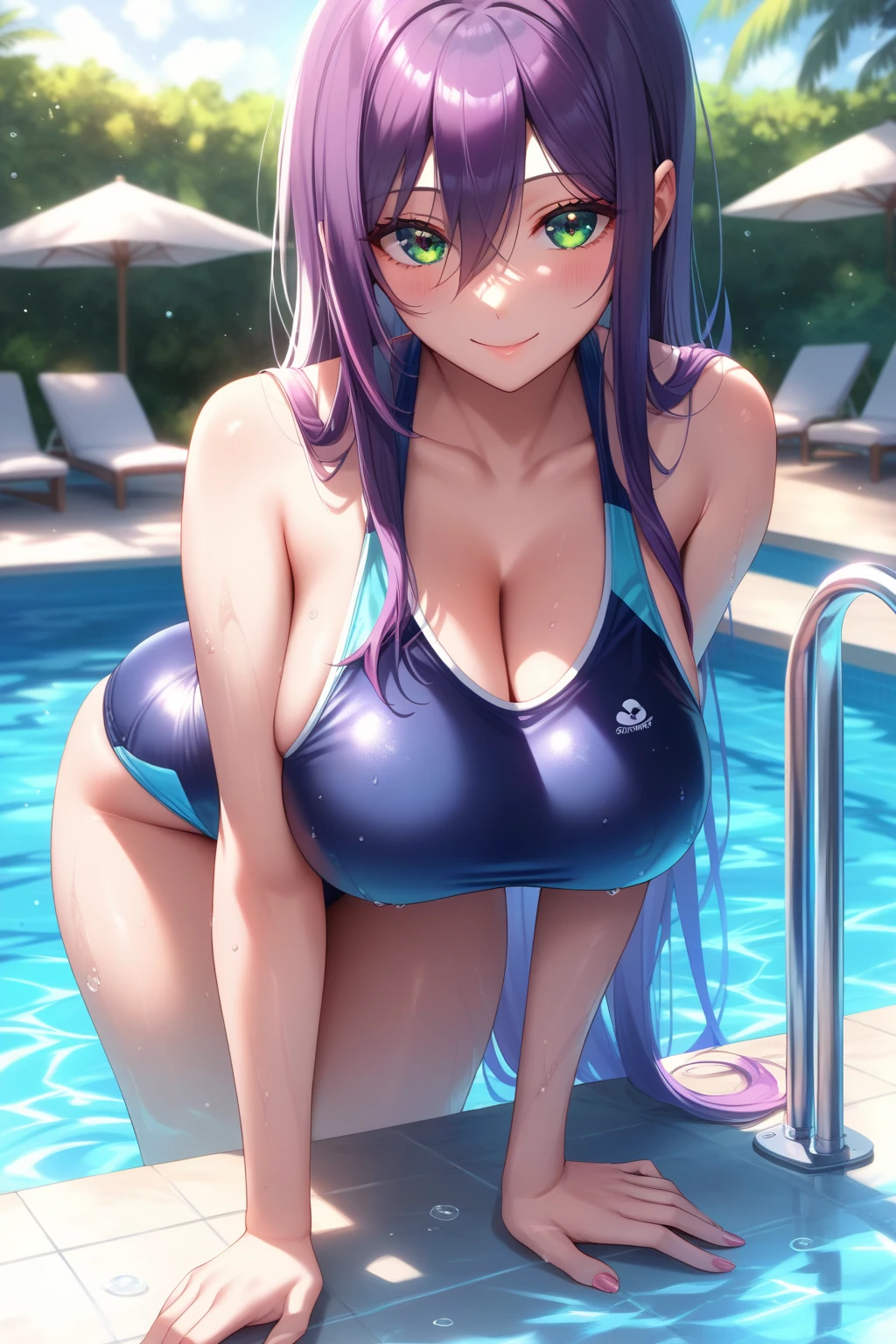 ((table top, highest quality, High resolution, nffsw, perfect pixel, written boundary depth, 4K, nffsw, nffsw))), 1 girl, single, alone, beautiful anime girl, beautiful art style, anime character, ((streaked hair, long hair, purple hair, hair ornament)), ((purple eyes:1.4, star-shaped eyes, beautiful eyelashes, realistic eyes)), ((detailed face, blush:1.2)), ((smooth texture:0.75, realistic texture:0.65, realistic:1.1, Anime CG style)), dynamic angle, ((Black shiny patterned micro bikini, Fashionable, )), smile, Hotel poolside,evening,raise your arms,Show your audience the side