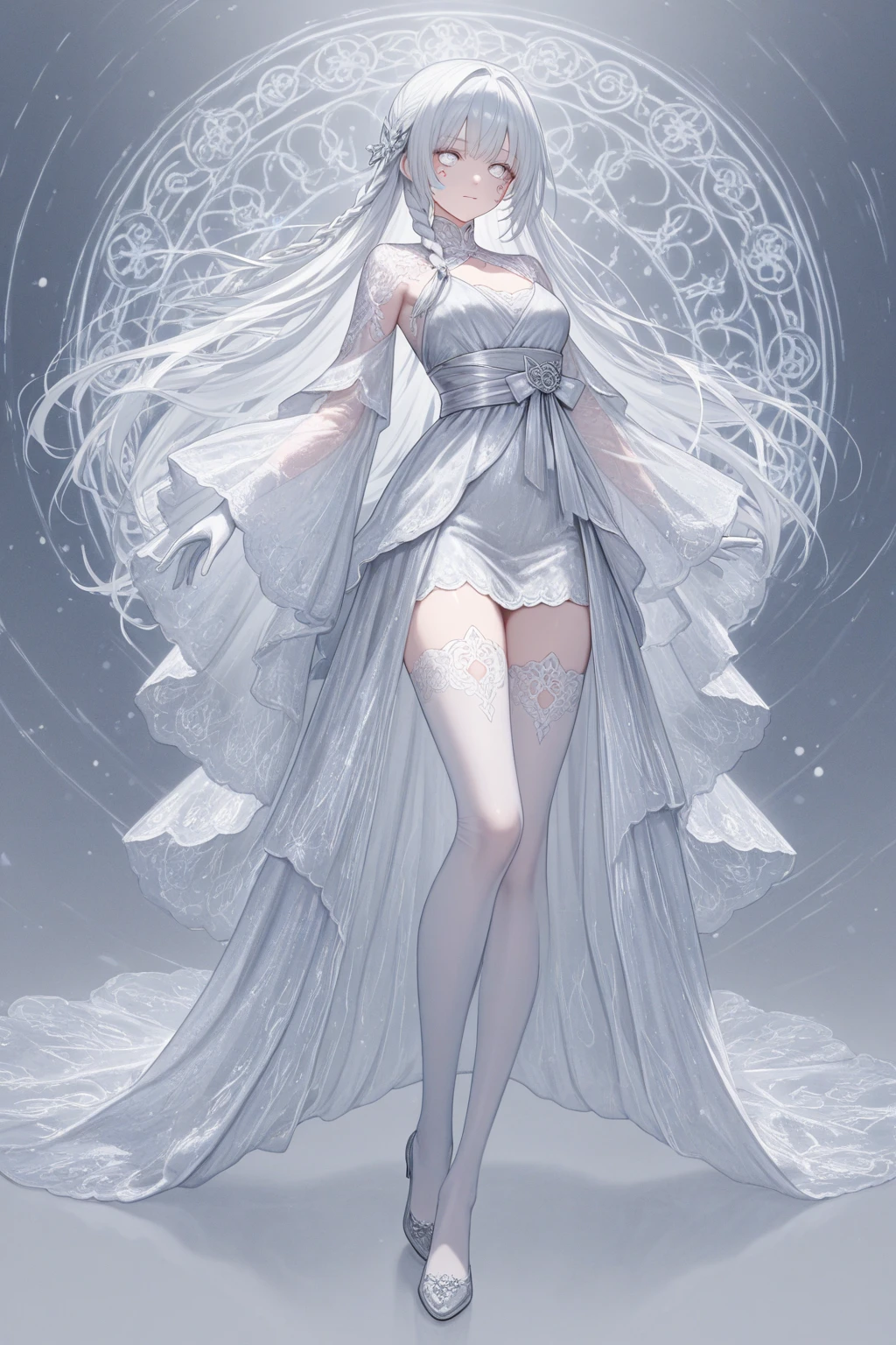 An illustration of a ghost girl in a sensual pose and with a micro skirt showing tiny floss, roupas totalmente brancas com capuz transparente, pele branca e cabelos brancos, quase nua, Tiny floss, seios grandes, decote generoso, bunda grande, tudo transparente, light behind her, ghosty aura, sorriso malicioso, rosto lindo e limpo, corpo perfeito, white particles around you, exterior de uma casa abandonada, Mist around
