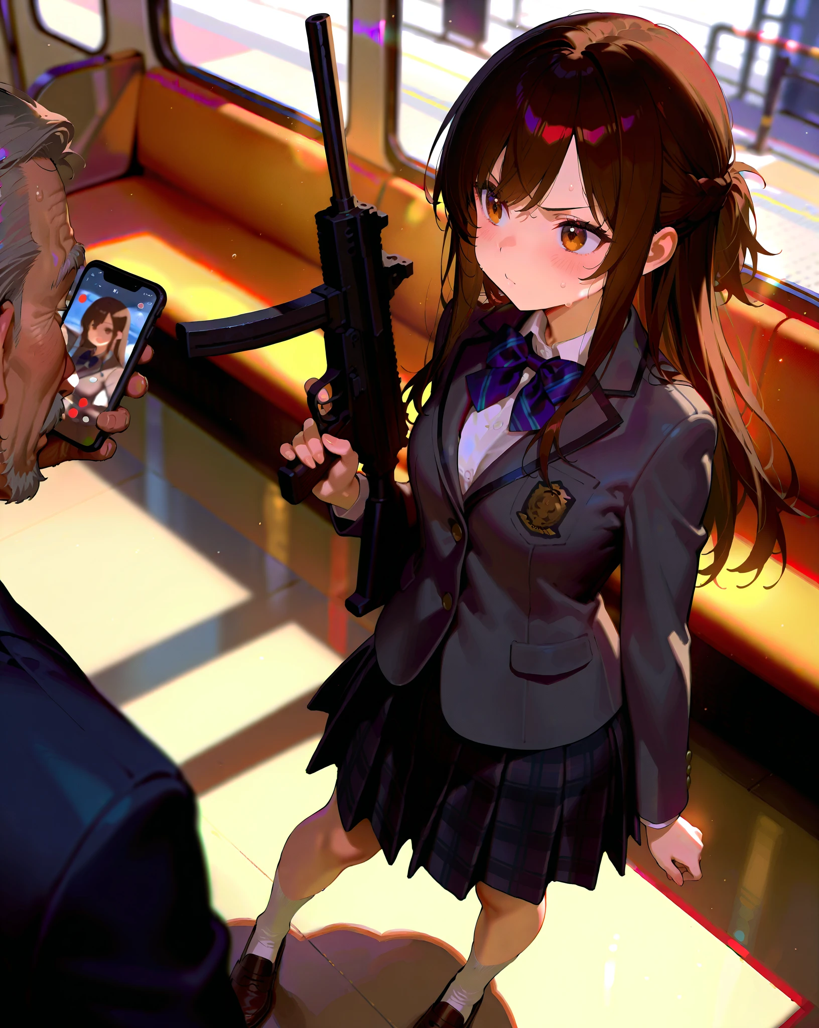and high precision、very detailed、top quality、best image quality、1 girl, 1 person, A is a 60-year-old man with a smartphone in his hand、is falling down on the train station platform。B is a cute girl、High resolution brown eyes、has long blond hair tied low at the back of the neck, angry expression、 B is wearing a gray cotton blazer uniform 、is wearing a dark blue and gray cotton plaid skirt、white socks、brown leather shoes、 B has a submachine gun in both hands 、B is stomping on A。