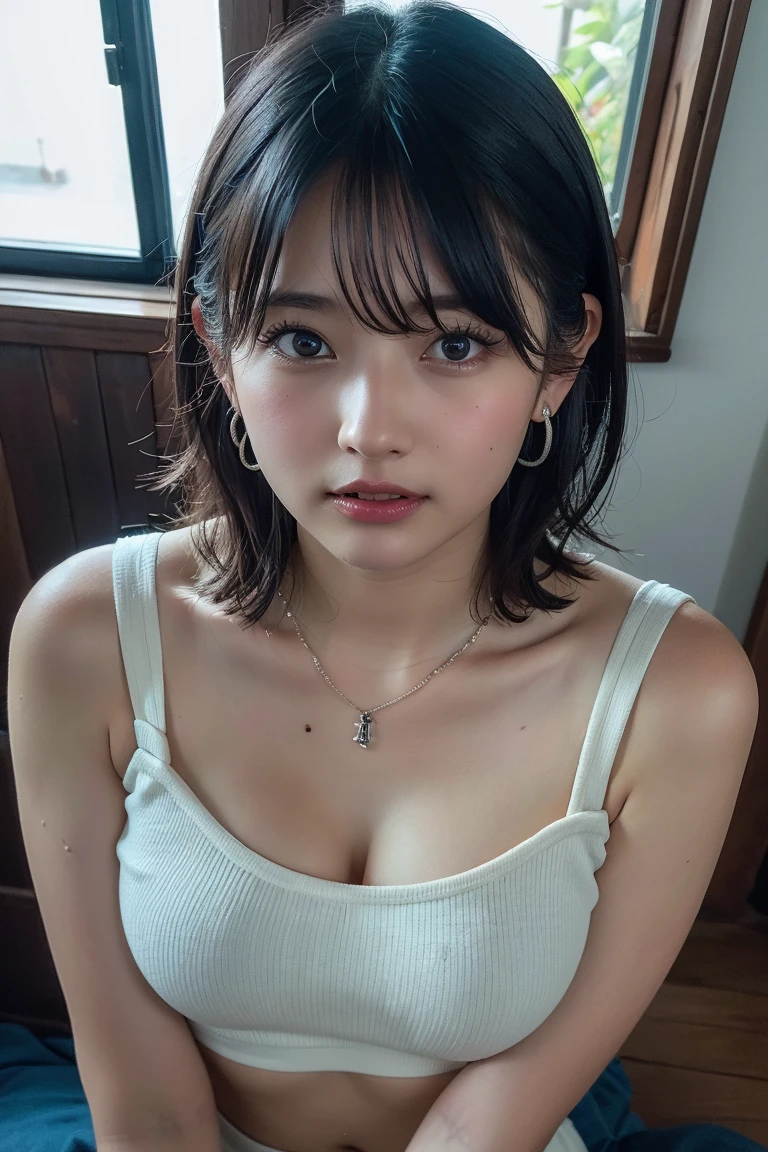 ((highest quality))、(masterpiece:1.4)、Raw photo、8K、((best image quality))、 ((highest resolution))、ultra fine photo、delicate face、Beautiful face in every detail、very detailed、(one woman:1.3)、realistic、(cute woman:1.3)、(short hair、let down one's bangs)、(Beautiful woman)、(small face:1.3)、((long neck))、(white knit、necklace、bracelet、navy mini skirt)、(big breasts:1.5)、((crowded train))、(emphasize cleavage)、((I can see the whole body))、(Angle from above)、