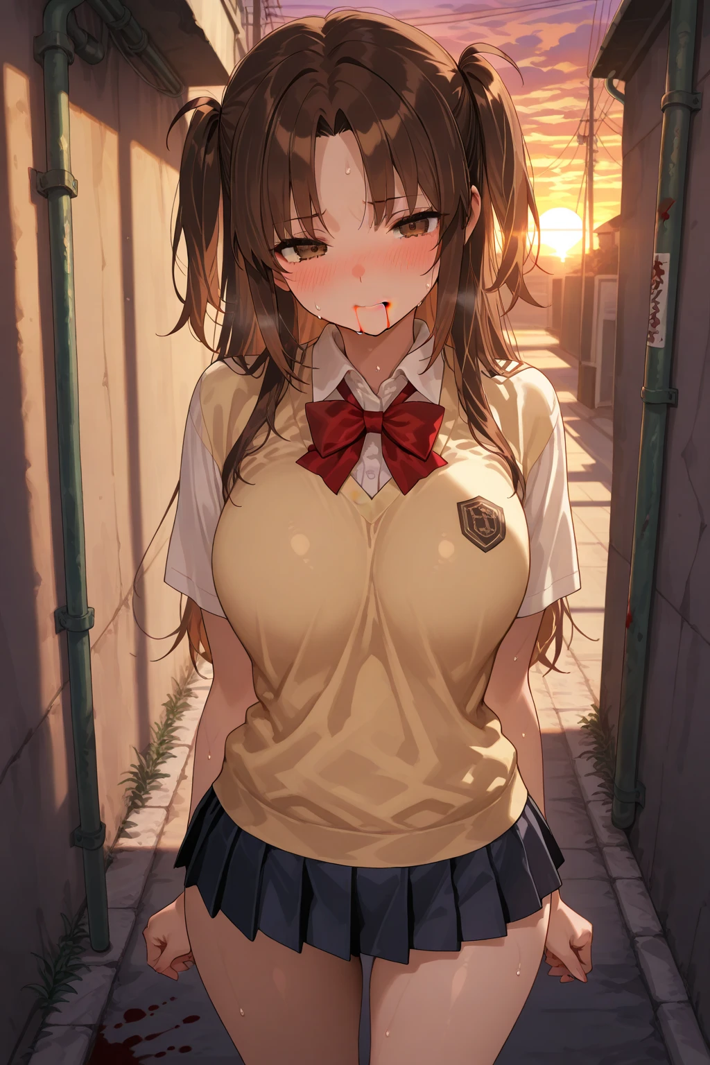 (masterpiece:1.2, top-quality), (realistic, photorealistic:1.4), beautiful illustration, (natural side lighting, movie lighting), nsfw:1.2, 
beautiful hair, beautiful face, beautiful detailed eyes, beautiful clavicle, beautiful body, beautiful chest, beautiful thigh, beautiful legs, beautiful hands, 
looking at viewer, (from behind), full body, 1 girl, japanese, high school girl, perfect face, perfect eyes, cute and symmetrical face, suntan, shiny skin, white skin, slender, 
(long hair:1.5, side ponytail:1.4, brown hair), hair over one eye:1.4, maroon eyes, long eye lasher, (medium breasts), 
((collared short sleeve shirt, white shirt, , grey plaid pleated skirt, blue plaid bow tie), wrist chakra), white panties, 
(((shibari over clothes, arms behind back)), bondage, shibari:1.5, bound arms, bound breasts),
(beautiful scenery), daytime, (standing), (lovely smile, upper eyes),