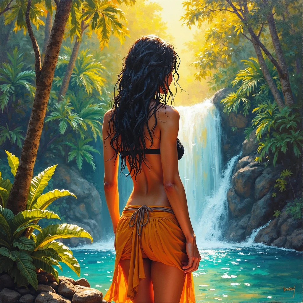 stunning realistic picture, masterpiece, high detail, small touches, positive and joyful tones, use natural color, шикарная nude девушка (stands on rocks with legs spread wide apart:1.5), over streams of water and drops against the backdrop of a waterfall, nude , raw style art, characterized by bright and delicate colors, thick textured paint, intense black strokes, and affected parts ral-drptpl , I look up from the water from behind the woman