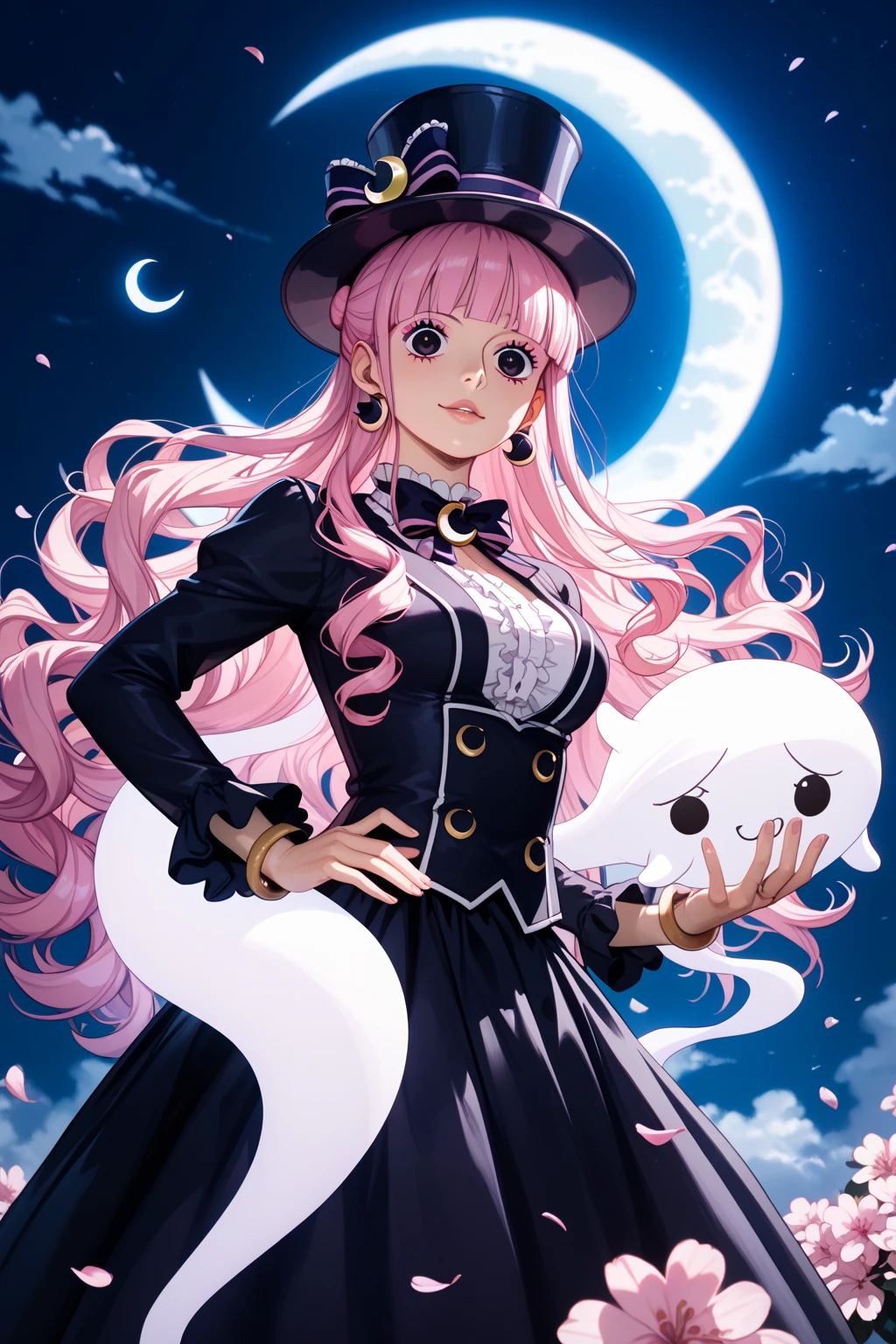 A huge beautiful girl is looking down at us from the top of the building. Girl leaning out from the roof of a building. Girl wears a purple Gothic Lolita style dress. The girl has a young vibe. Her eyes are huge. she is smiling. Wriggling tentacles. The building is an abandoned church. cliff. sea side.