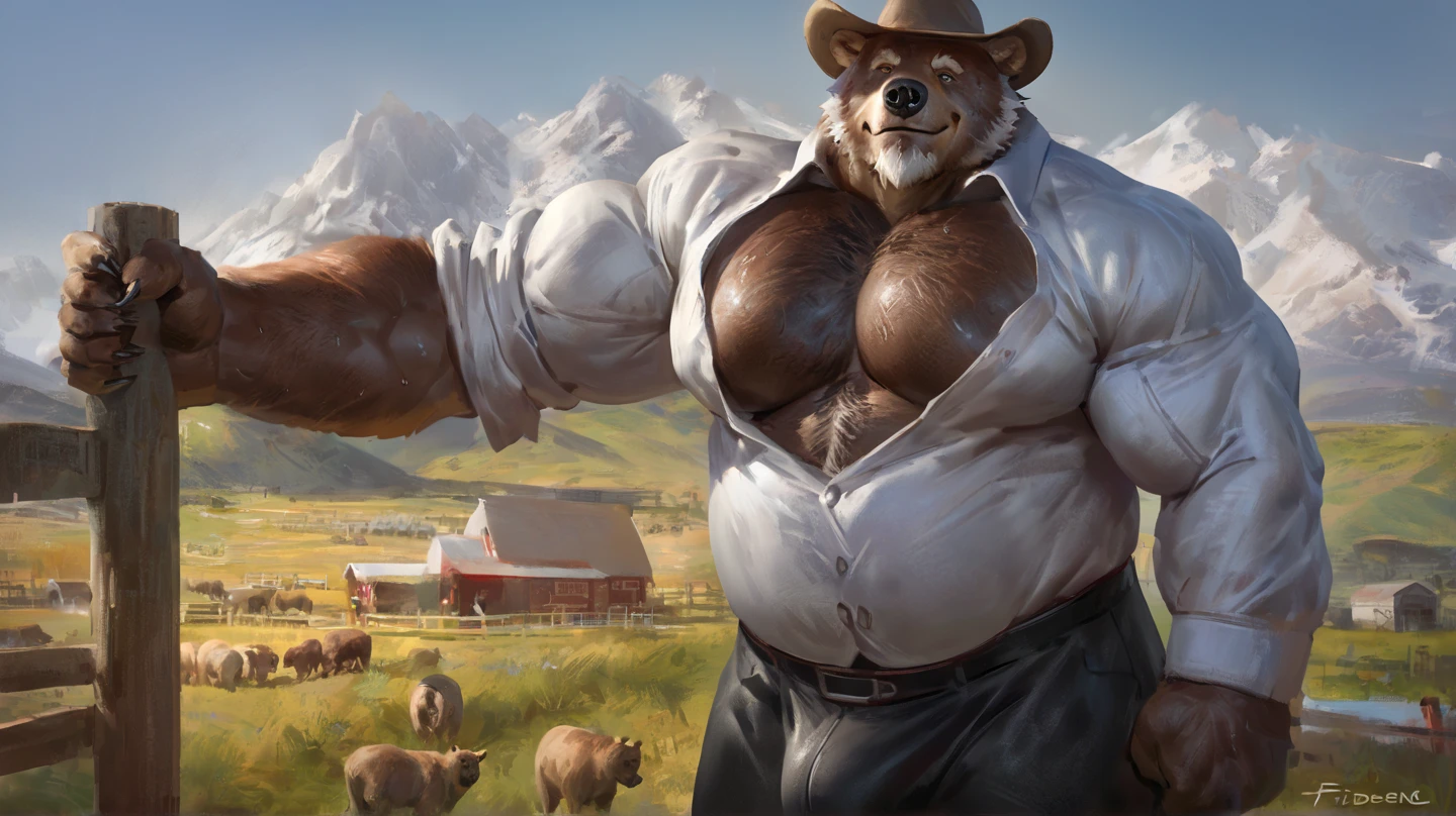 muscular anthro German shephard posing for the camera, veiny muscles, touching crotch bulge. 4k, high resolution, best quality, posted on e621, solo, anthro body, anthro, older male, male, black nipples,  pubes, masculine,tan_body, (bulky, very muscular, thick build, pectorals:1.2), correct anatomy, (countryside background, farm crops, dusk), (by wfa, by Taran Fiddler, by negger), (trucker hat, brown pants, black suspenders:1.2), (detailed eyes:1.2), sexy, photorealistic fur, (sweat:1.5), smile, shiny muscles, weak shadows, confident, seductive, flirting, half-body shot, looking at viewer