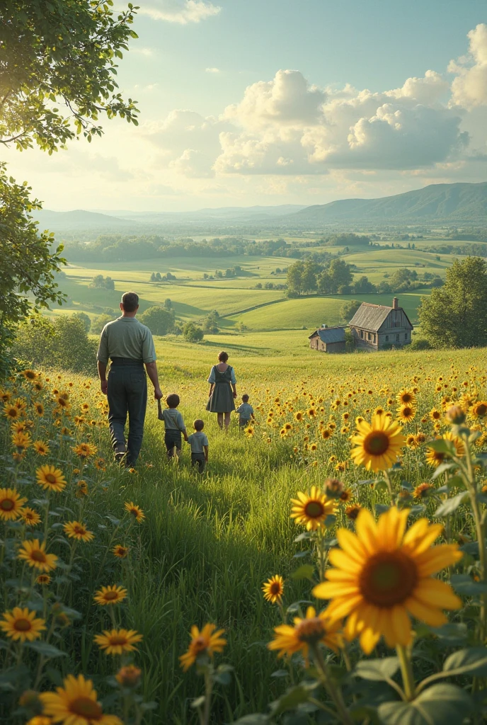 Family photo, a couple and their three daughters and a son, standing in front of the garden, sunflowers, master works, Ghibli style