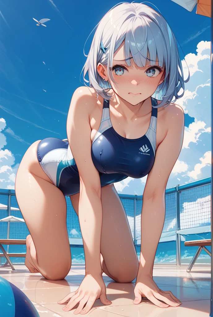 Blue sky、summer、Outdoor swimming pool at school、Poolside、Low - Angle、((from below:1.2)), chain link fence、high quality、最high quality、Complete limbs、Ultra-high resolution、Shining Eyes、Full hands and fingers、Slender beauty、Silver Hair、wear school swimsuit、Poolside、squat