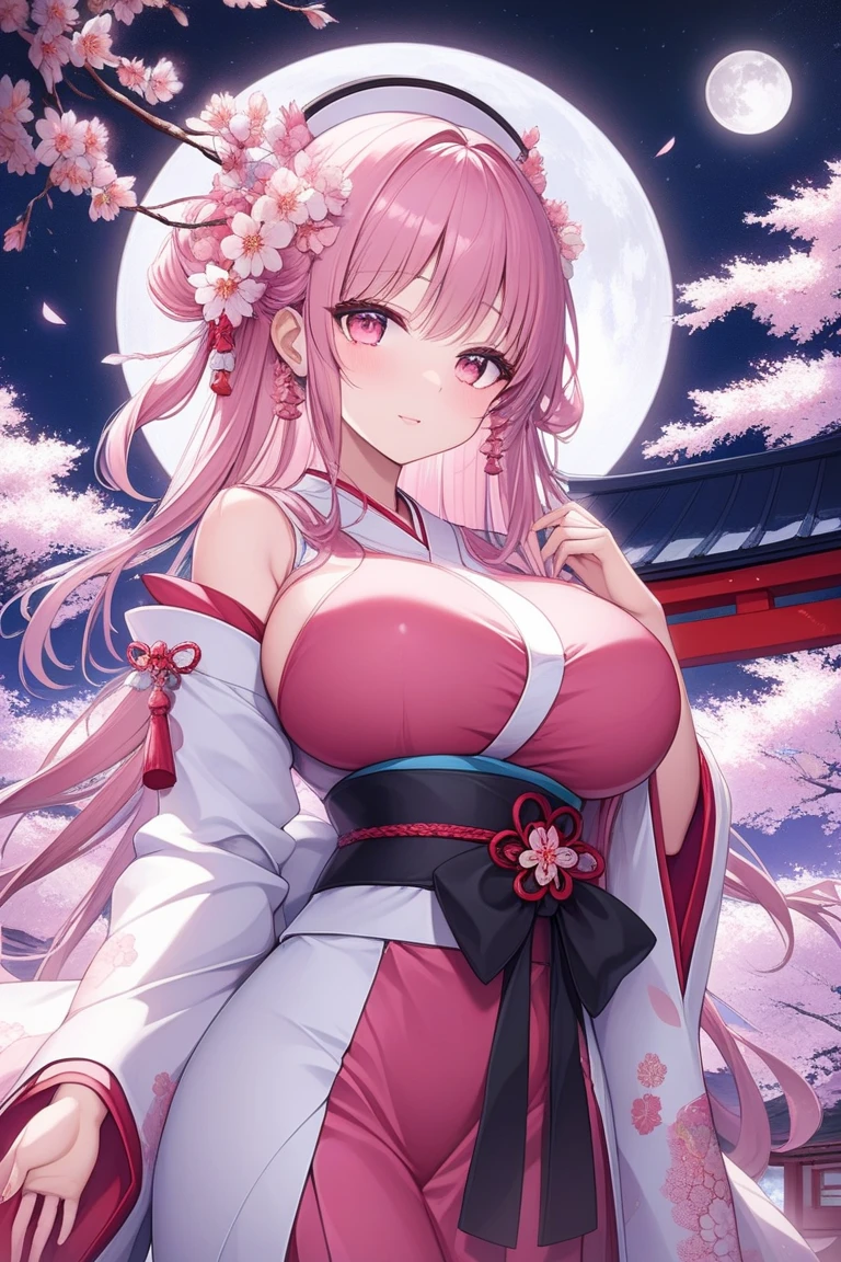 4k,(((1girl))),A sexy&cool female in the gohei at night,Yae Miko,detail,huge filesize,artbook,Cinematic Lighting,solo,night,Cherry blossom tree,cherry blossoms,slender_waist,glamor,, (masterpiece, high resolution, best quality:1.4, breathtaking, ultra detailed)