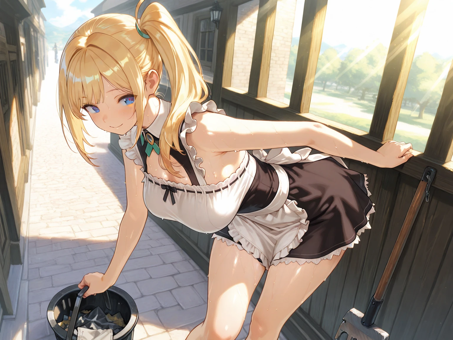 8K, Ultra High Definition, Super detailed, Shiny detailed hair, detailed face, fantasy landscape, solo, looking at viewer, {{best quality}}, {{masterpiece}}, {{ultra-detailed}}, {detailed light}, ultra high quality eyes, detailed eyes, perfect eyes, large eyes, detailed green eyes, blonde hair, short hair, twintail, adorned hair, beautiful, skinny body, white skin, slutty, erotic, suggestive, view from the back, looking from behind, curvy booty, showing the butt, lingerie, in lingerie, blushing, open mouth, ahegao, ((nsfw))