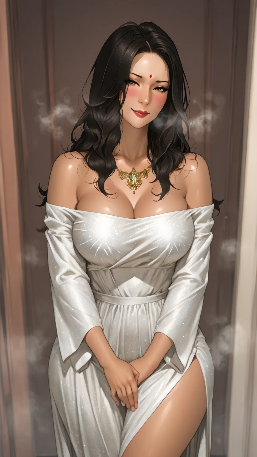 beautiful dark haired woman, pale skin, draped in gold silk bathrobe