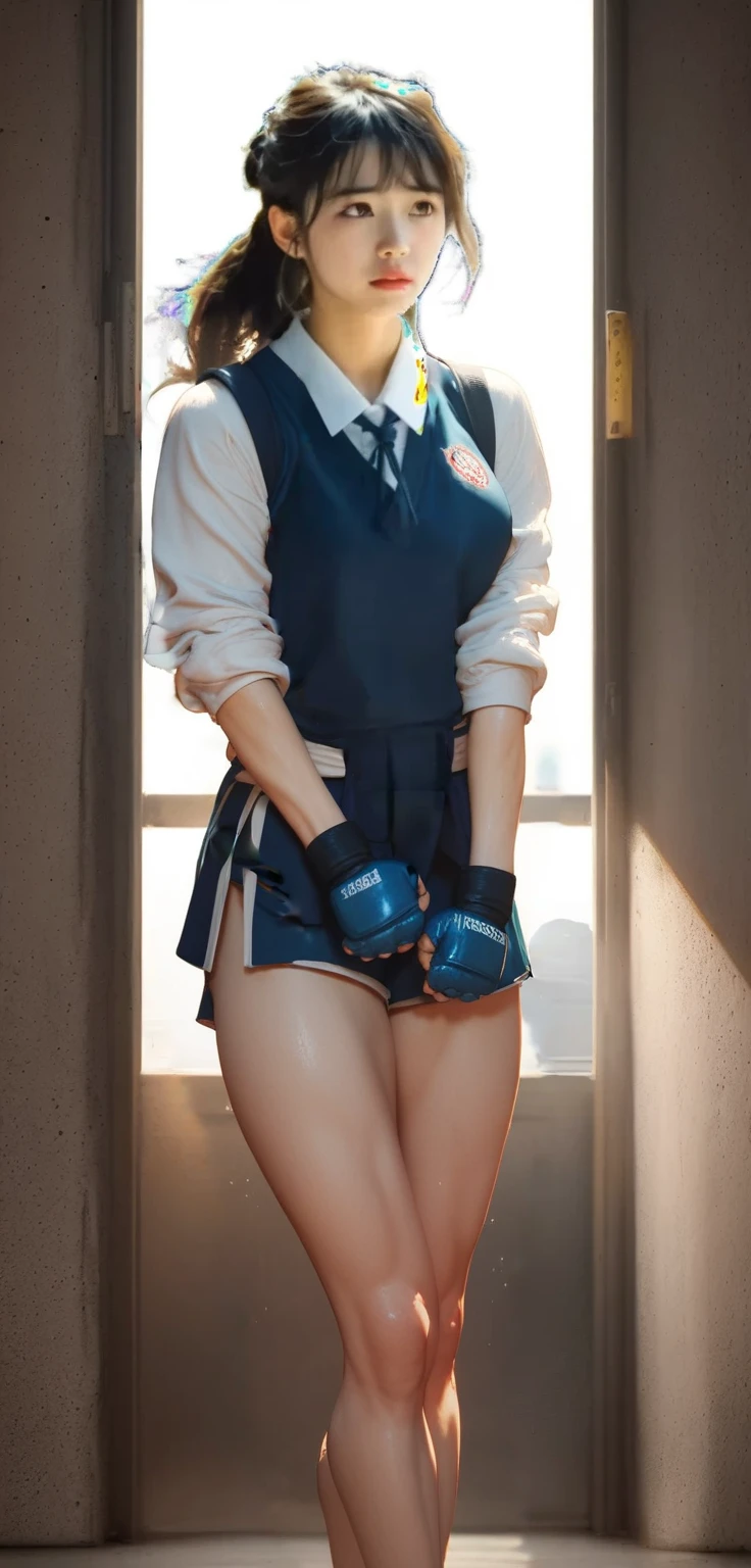 masterpiece,best quality,(Frontal upward perspective),Front view,(A well-built 18-year-old tall boy:1.2), (Kneeling in the classroom:1.2),Orange tight cycling suit,male,(Broad shoulders),Muscular shoulders,(Extremely strong body),Fitness,Muscles are about to burst through clothes,Inverted triangle figure,Biceps,Highlight muscle texture, Muscular body,Small head,(Handsome and cute face),V-Shaped Face,Perfectly detailed facial features,sports shoes,Looking at the camera,An angry and serious expression,leaning back,head tilt, happy, very short hair, brown hair,(looking at viewer:1.2),Wide-angle lens