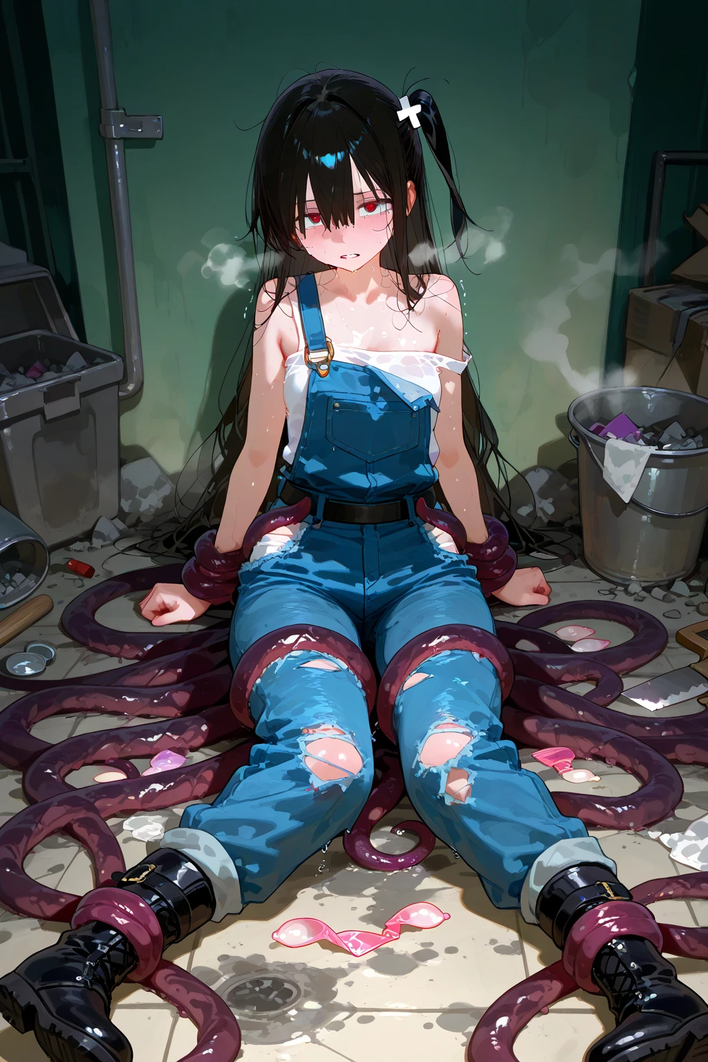 Girl captured by tentacles in abandoned factory　Tentacles in a skirt　Pants fabric texture　