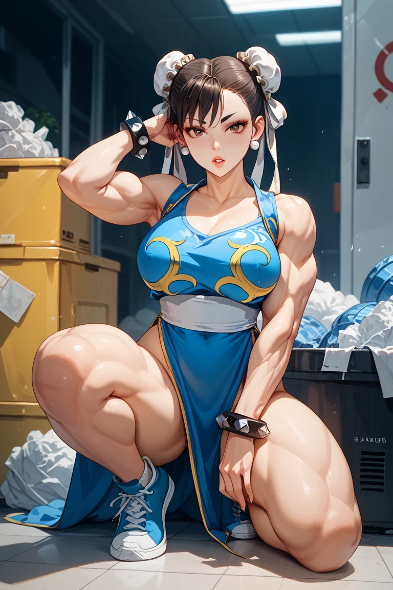 Realistic, (4K), Depth of written boundary, (masterpiece), (Realistic skin texture), Very detailed, Complex, Super detailed, Professional photography, Bokeh, High resolution, Sharp details, Highest quality, Realistic anime art style,Chun-Li,Large Breasts,Long hair, whole body, China dress,skirt,Brown tights,Brown tights ((masterpiece, Highest quality, Best image quality, High resolution, Realistic, RAW Photos, 8k)), ((Very detailed CG 統合 8k 壁紙)), (Huge and stunning goddess shot, Very hot and sexy, Incredible beauty, Perfect proportions, Beautiful body, Very muscular body beauty:1.5), Hip Up, Looking down at the viewer, Beautiful Eyes, E cup udder,dove chest , Very thick and muscular thighs ,Trained abdominal muscles,Slim and toned waist,Street Fighter,Fighting game female characters,Dynamic movement ,shoes,、White boots,Super detailedな股間,((((Very thick and muscular thighs!!!)))), Very thick and muscular thighs!!!,Thighs that are thicker and more muscular than the waist,Looking up from below,Low - Angle,Detailed armpits ,Super detailedな濡れた肌, Very thick biceps,Thicker arms ,Very well-trained back muscles,High Kick ,Fighting Pose,Very muscular woman , Blurred Background , With the right hands and fingers,((((Red eyeshadow)))),