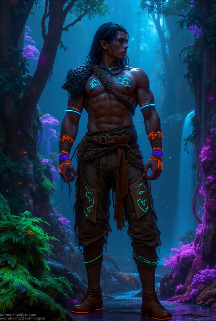 "An image of the Winter God, a formidable and majestic deity standing in the heart of the Amazon rainforest at night, during the winter season. His skin is a tropical Latin tone, glowing faintly under the cool light of the moon. His presence is powerful and otherworldly, blending the primal strength of a jungle warrior with the mystique of a divine being. His hair is stark white, cut in a precise bowl cut that frames his intense, piercing eyes. The contrast between his dark skin and his bright white hair creates a striking and ethereal appearance. The Winter God wears a minimalistic tanga in the style of Tarzan, made from tough, woven fibers, adorned with small, icy blue crystals that shimmer faintly in the moonlight. Draped over his broad shoulders is a magnificent cape or cloak made from the vibrant blue feathers of an arara, flowing down his back like a cascade of frozen water. The feathers reflect the cold moonlight, giving them an almost metallic sheen. The cape’s edges are lined with white frost, emphasizing the coldness that surrounds him. His muscular chest and arms are bare, showcasing intricate tribal tattoos that spiral across his torso, arms, and back, symbolizing the cycle of life, death, and renewal. Around his neck, he wears a necklace made of jaguar teeth and frosty beads, which clink softly as he moves. His wrists and ankles are adorned with bracelets of woven vines, decorated with sharp icicles that give off a faint glow. In one hand, he holds a long spear tipped with a crystal of pure ice, glistening in the darkness, while his other hand is raised slightly, as if commanding the cold winds around him.The Winter God is captured in an epic pose, standing tall and proud, with one foot forward, as if he’s stepping toward the viewer. His gaze is direct and intense, meeting the viewer’s eyes with an expression of calm dominance and unwavering power. His white hair flows slightly in the night breeze, adding to his imposing presence. The close-up.