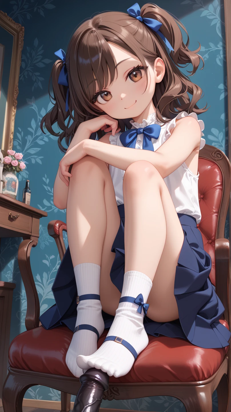 Top quality, masterpiece, High resolution, (Head to toe full body), front, frontやや下からの構図, Symmetric, Tall 18 year old, alone, (Head to toe), (Small breasts), Unkempt brown hair, bangs, (black tights), (Black Pantyhose), (Sit with your legs apart), (Crouching pose), (Composition showing white panties), (Her legs were spread、I see your white pants.), (I was made to sit on the floor with my legs spread..), (M-shaped legs), Thin legs, A very beautiful and tall 18 year old girl, (No shoes), blush, Shy big eyes, looking at the camera, Blazer Uniform, Checkered Pleated Skirt
