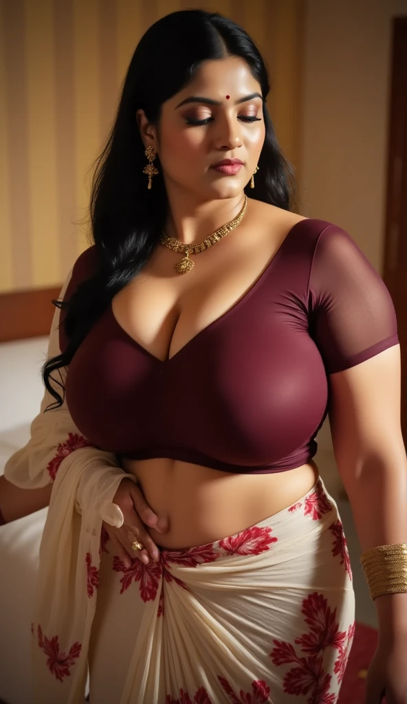 a mature lady having beautiful saggy breasts((very saggy:1.8), (voluptuous:1.5), (cleavage:1.5),) wearing beautiful intricate saree, (), () (), () cleaning floor in village outside home. Very realistic skin, natural skin texture. Very beautiful face. She is giving sexy down blouse pose. Beautiful blouse designs. Face details are realistic, most beautiful, pretty and delicately gorgeous. Her breasts have natural perfect shape. Background around her is visible enough. 