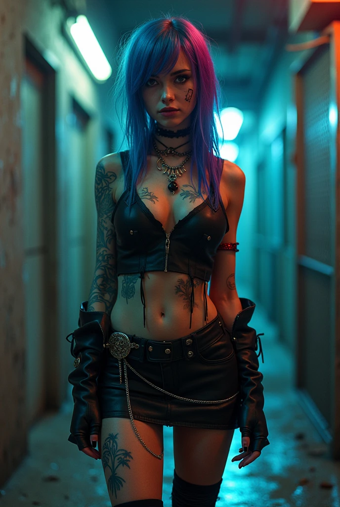 Gothic girl, smoking, full of scars, pink and green hair, naked wearing only a ripped mini skirt without panties, with her legs open pissing. she has a naughty face