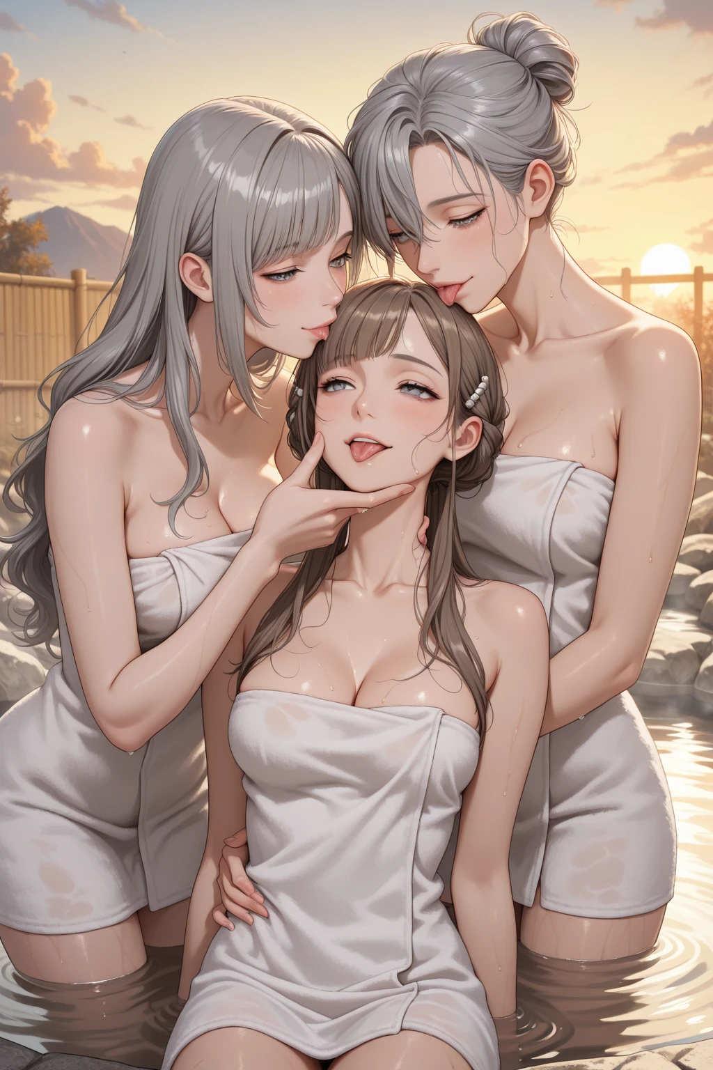 (((ultra high definition))), masterpiece, best quality, 8K, Accurate description, Carefully painted, Meticulous details, ((Open-air hot spring in Japan at night, Large old hot spring pond, Hot springs, steam)), a girl, White skin, perfect face, (Brown, Technical perms and dyeing, wet, Extra long curly hair), ((cute look)), Detailed depiction of facial features, blue shining eyes, long eyelashes, double eyelids, 有Sweat, pink moist shiny lips, Shiny earrings, Close your eyes and enjoy, blush, ((Mature and natural figure)), Beautiful body, perfect body structure, small breasts, side boob, ((bath towel)), seductive cleavage, Sweat, (Take a rest when you are tired), (Perfectly detailed hand-drawn renderings), soft side light, perfect composition, ((bust)), Rich environmental details, dim environment,
