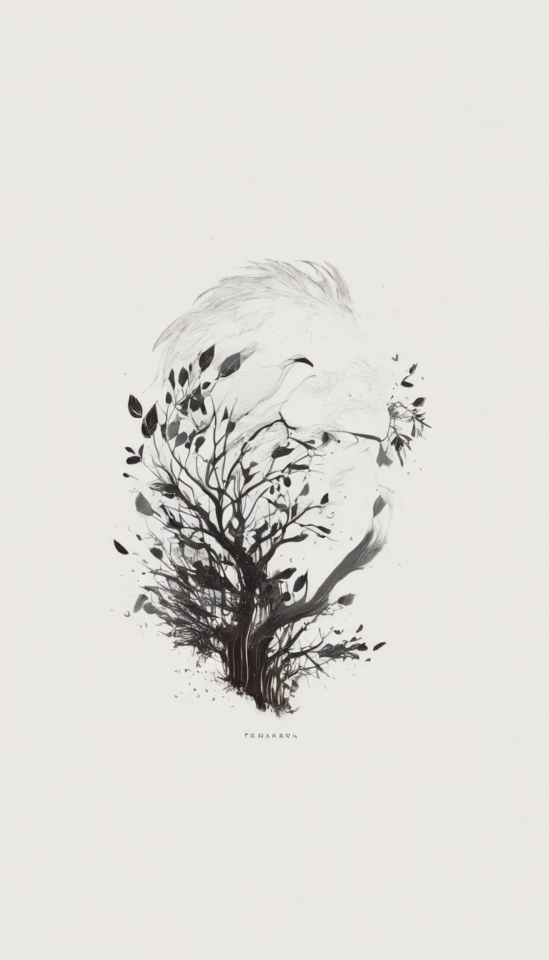 A minimal, modern, simple, cinematic logo design for the brand “Penamemoria". Create a modern, minimalistic, high-quality, logo of a white cinematic creative face of a boy with a fantasy, poetic feather, an acoustic guitar and a fantasy, never seen before, cinematic, artistis bird against a tree of stories and dreams