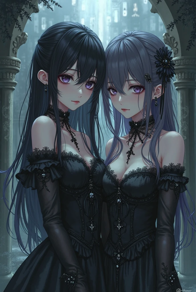 masterpiece, (midnight), anime females, 2women, gothic, vampires, inside dark mansion, sexy, attractive, mysterious, serious, hot, (mature), breasts, eyelashes