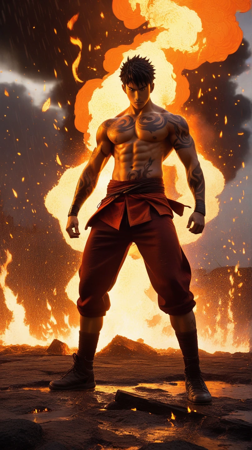 A strong twink man, muscular with short, orange undercut hair and freckles, stands in a battle-ready stance with his arms crossed. He is shirtless, revealing his well-defined torso and arms. He wears fitted pants adorned with flame patterns in red and black. His smooth, well-groomed underarms are visible, and his gaze is directed straight ahead with a fierce, determined intensity. The surroundings are ablaze with warm hues of red, orange, and gold, creating a dramatic and intense atmosphere. Flames erupt around him, casting dynamic shadows and emphasizing his readiness for combat. The ground is covered in glowing embers and ash, reflecting the fiery nature of his element. The image is rendered in a photorealistic, hyper-realistic 8k style, with vibrant HDR and chiaroscuro lighting that highlights the fiery energy and motion of the scene, accentuating his commanding presence and readiness for battle.