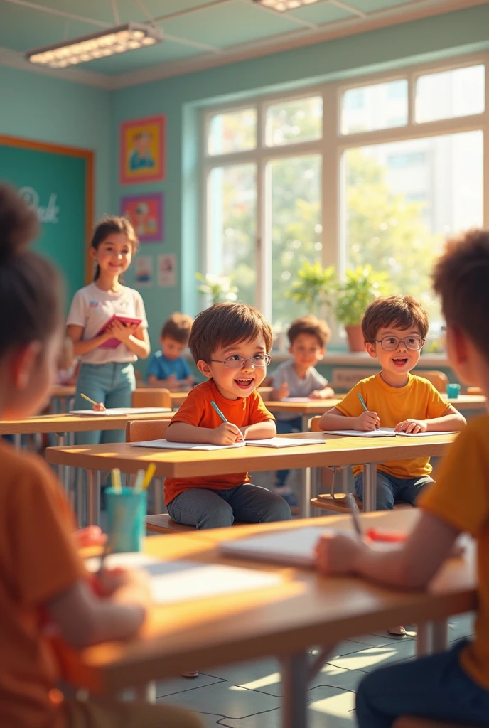 Image: A colorful and cheerful classroom with children sitting at their desks, some raising their hands, and Artur in the center of the image with a look of doubt and surprise.