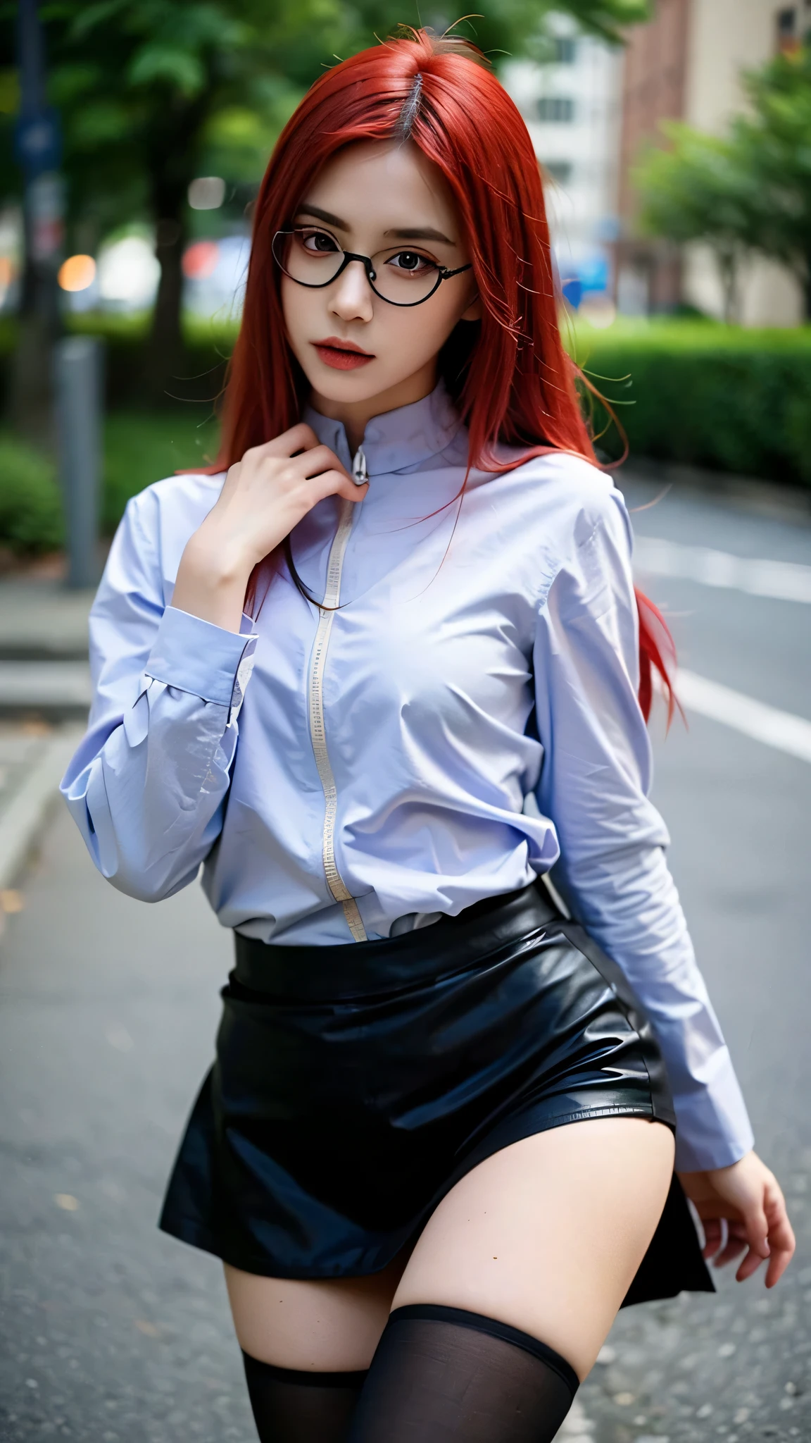photorealistic, high resolution, 1women, shining skin, solo, tattoo, jewelry, pink lips, long white hair, blue eyes, closed mouth, hips up, outdoor, shirt, skirt
