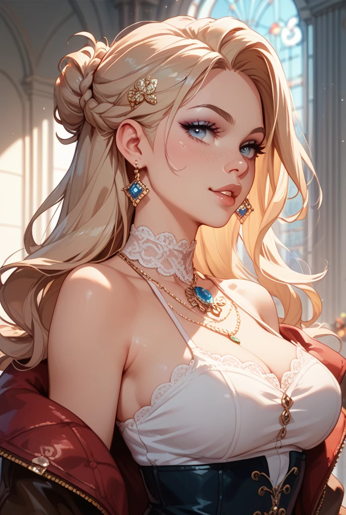 (Extremely Delicate and Beautiful:1.2), 8K ,(Masterpiece:1.0),(best_quality:1.0), 1girl, mature woman, complex details, enlarged textures, complex details, finely detailed eyes and detailed face, intricate details, white hair, perfect eyes, equal eyes, (goddess), perfect body, extremely detailed, red lipstick, upper body, chandelier earrings ,big breasts, Cleavage , jewelry, necklace, brochure