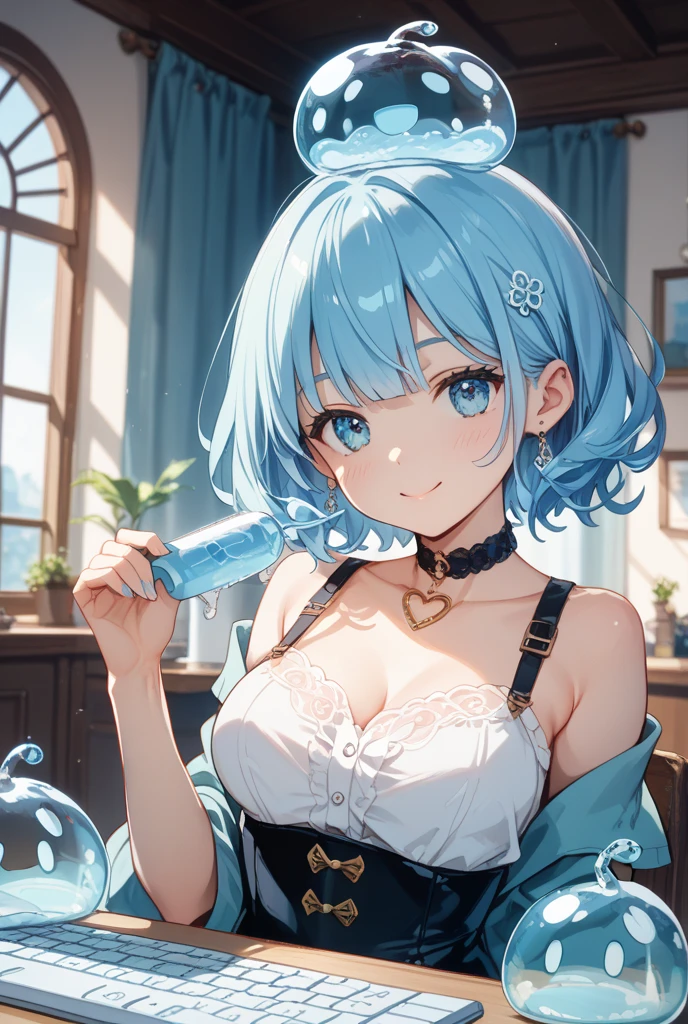 Tall girl, Short blue hair, blue eyes, white chinese dress, Blue inserts, open shoulders, red lipstick, Smile, Masterpiece, hiquality, high detail, HD, 4k