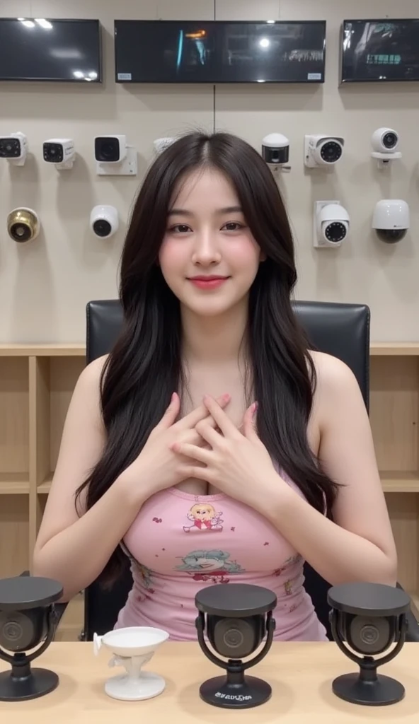 beautiful female k-pop idol, gigantic breasts, huge cleavage, her face is visible, close-up portrait, shot on sony a1, 85mm F/1. 4 ISO 100, medium format, 45 megapixel, studio lighting, softbox, high shutter speed flash photography, award-winning photograph with golden ratio composition, look at viewer