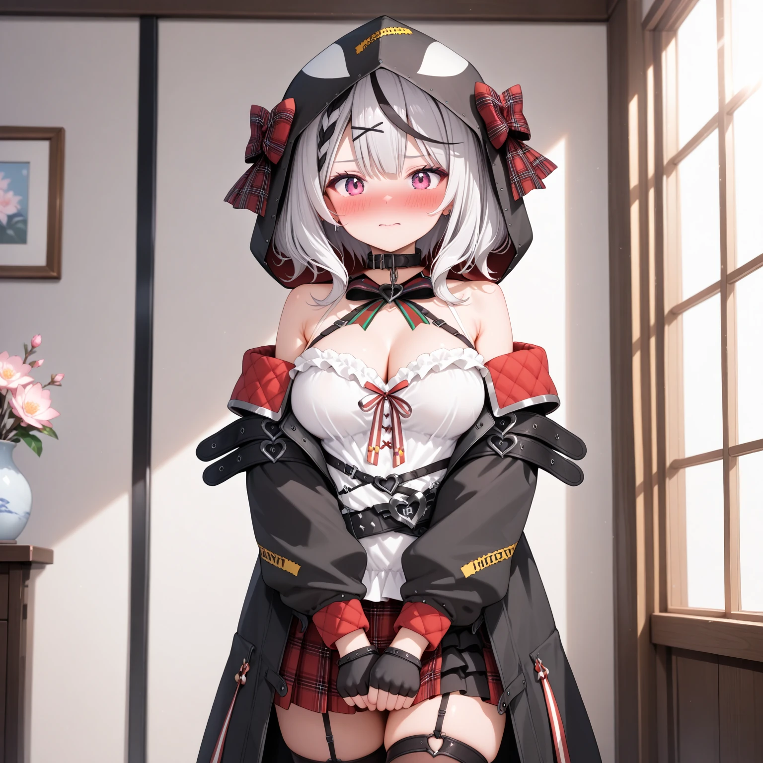 longeyelashes, detailed beautiful face, 4k quality, (arms behind back:1.5), bound arms, Red rope, blushing, , gag, gagged, shibari, bondage, close ups, best quality, highres, standing,high quality, best quality, masterpiece, absurdres, 1girl, blush, bedroom, sitting, vibrator in pantie, tears, embressed, spread legs, m_legs,,((kneeling, arms behind back, bound arm, bound wrists, bound legs, wrists behind waist, rope bondage, shibari over clothes)),(masterpiece:1.2), best quality,best quality,absurdres, highres, best quality, Botan, black top, fur-trim, oionlion ears, messy hair, skirt, messy hair, grey eyes, grey hair, long hair, black nails, sharp nails, dynamic pose, sexy pose, seductively smile, blush, hands behind back,in the jail,jail, girl hogtied, big butt, ballgag, girl is blushing, girl is laying on belly, lots of ropes, girl completely immobilized, girl helpless, arms tied up behind back, looking at camera,hogtie bondage, santa claus, christmas tree, view from side,lying on stomach, indoors, photo, fireplace and christmas tree with presents underneath, white socks, warm color grading, masterpiece, best quality,